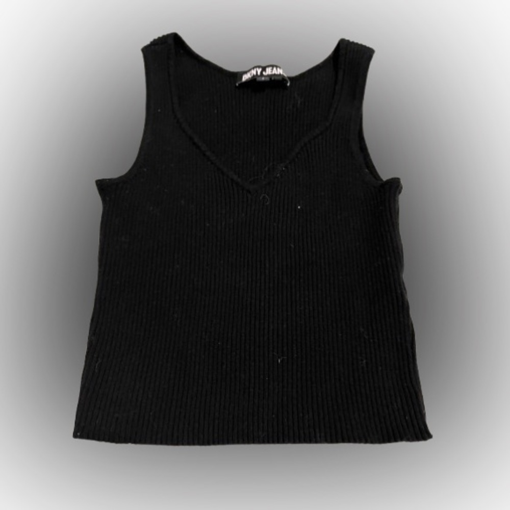 DKNY Black Sleeveless V Neck Ribbed Top Sz S Great basics